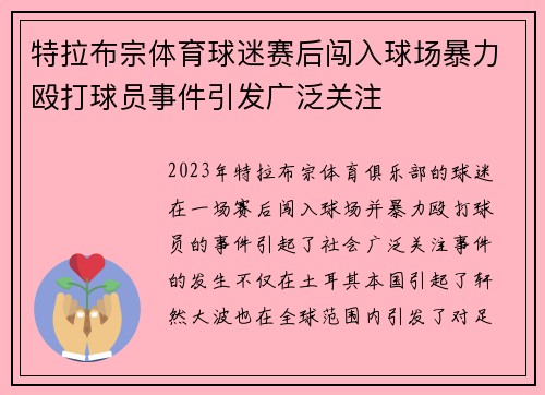 特拉布宗体育球迷赛后闯入球场暴力殴打球员事件引发广泛关注